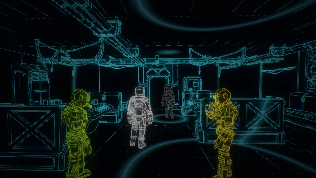 BLINDSIGHT screenshot: crew members lit up as outlines by an echo in a dark facility