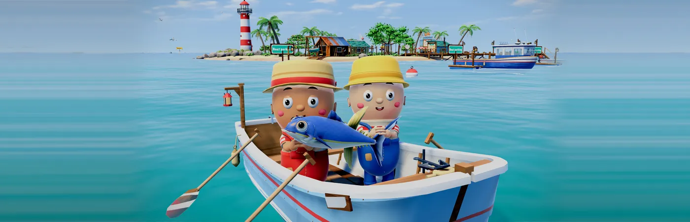 Two fishermen in straw hats holding up a big blue tuna in a small rowing boat, with an island and a lighthouse behind them. Key art from Fish with Friends.