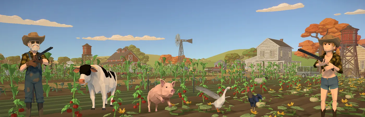 A farmer with a shotgun, a cow, a pig and a goose standing in a field of crops. Key art from Hide and Moo!