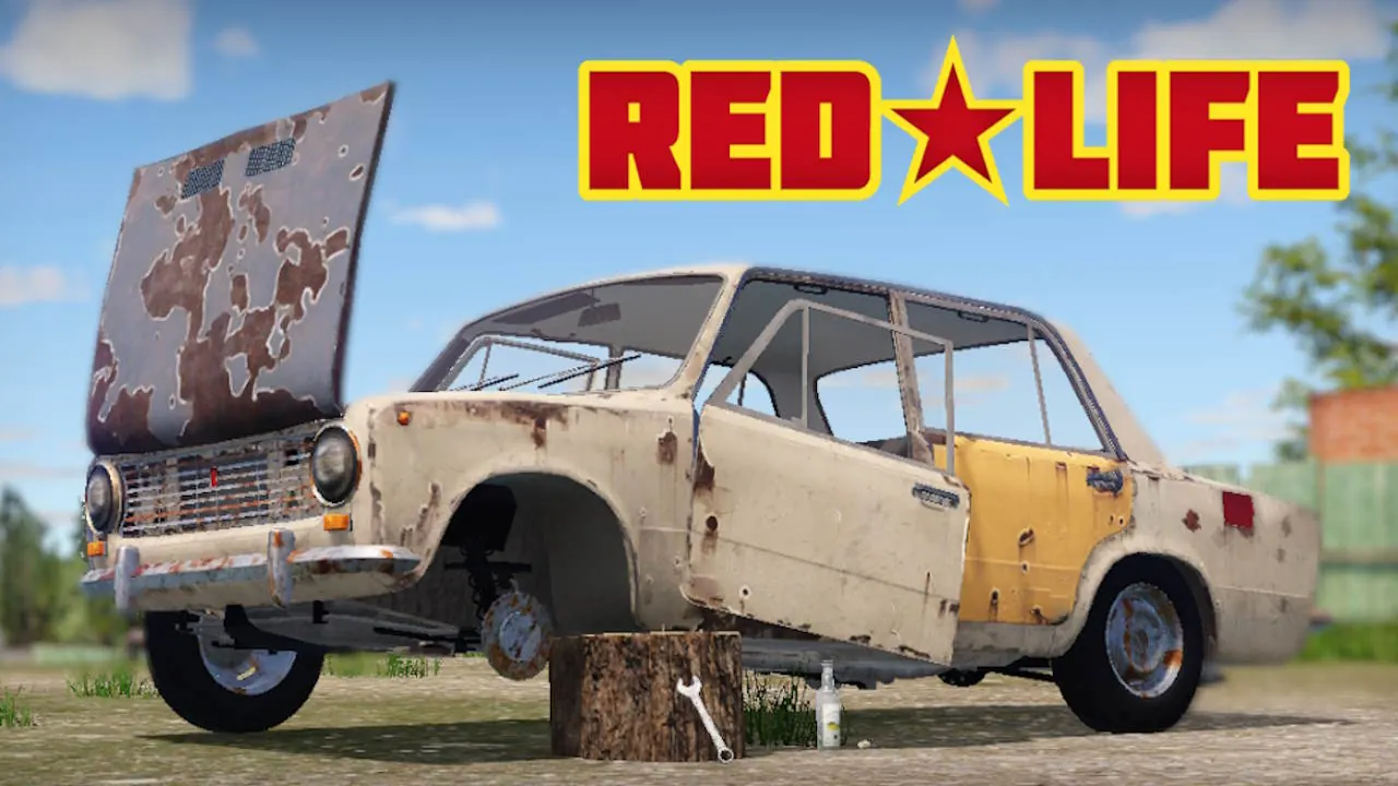 Red Life key art: a rusty Soviet sedan propped up on a tree stump